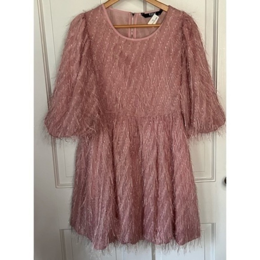 TOV Noir Pink Feathered Fringe Frill Bubble Sleeve Mini Dress Size 42‎ NWT
